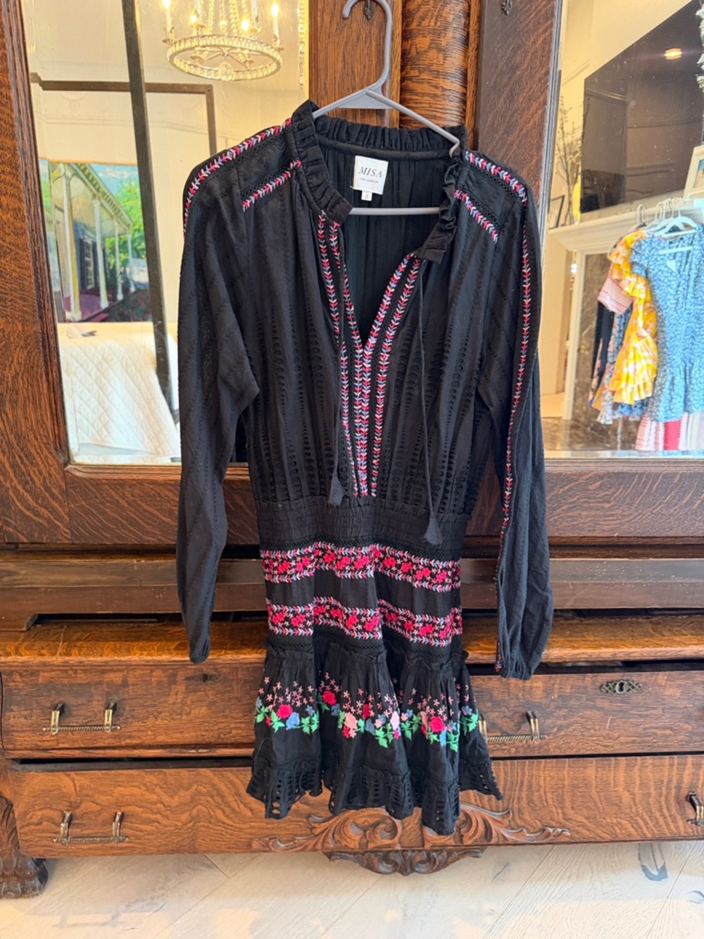 Misa Los Angeles Black Mini Dress with Pink & Green Embroidery
